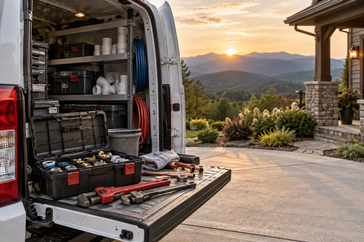 Plumber's toolbox and pipe wrenches on a work van tailgate