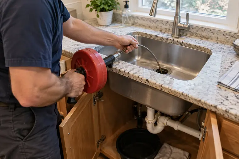 Plumber feeding a drain auger into a kitchen sink drain
