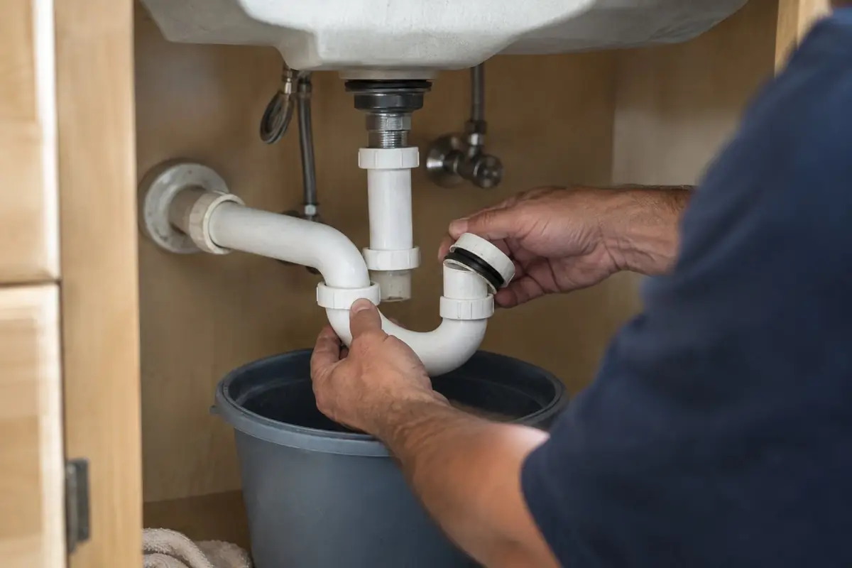 Plumber removing a P-trap under a bathroom sink over a bucket in Asheville, NC