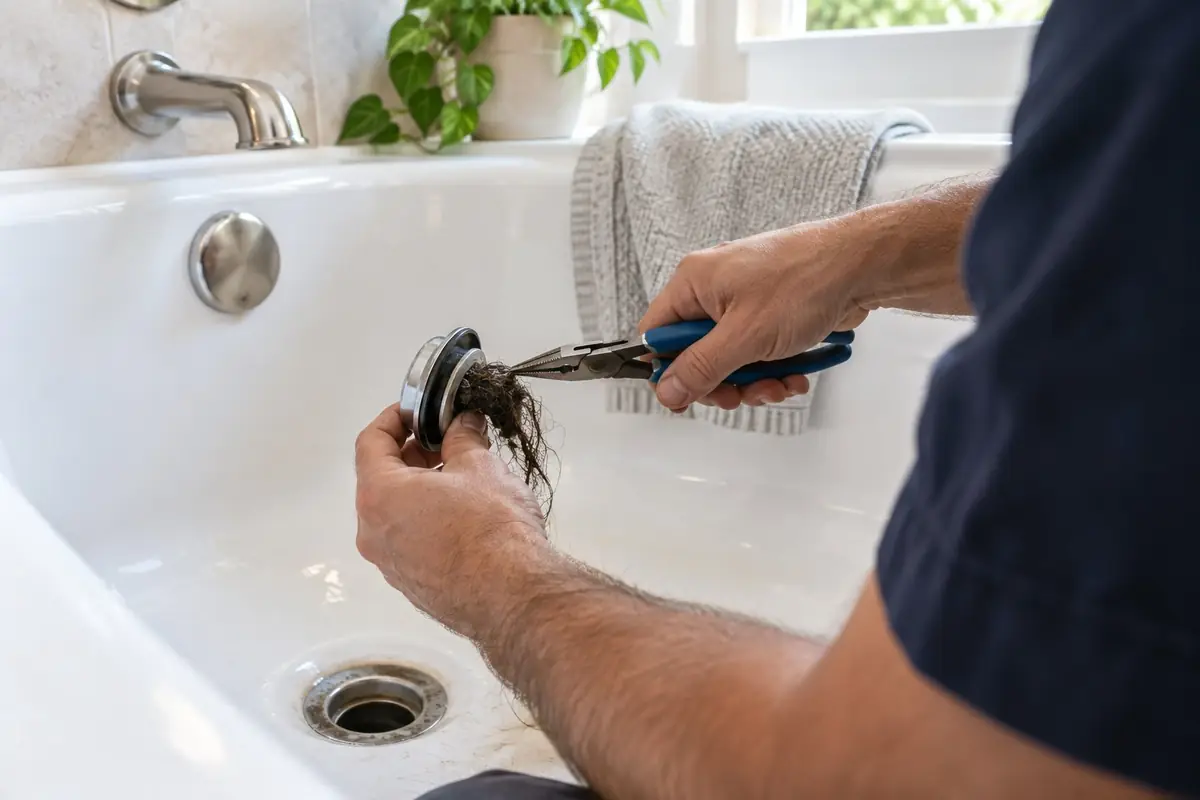 Plumber pulling hair from a bathtub drain stopper with pliers in Asheville, NC