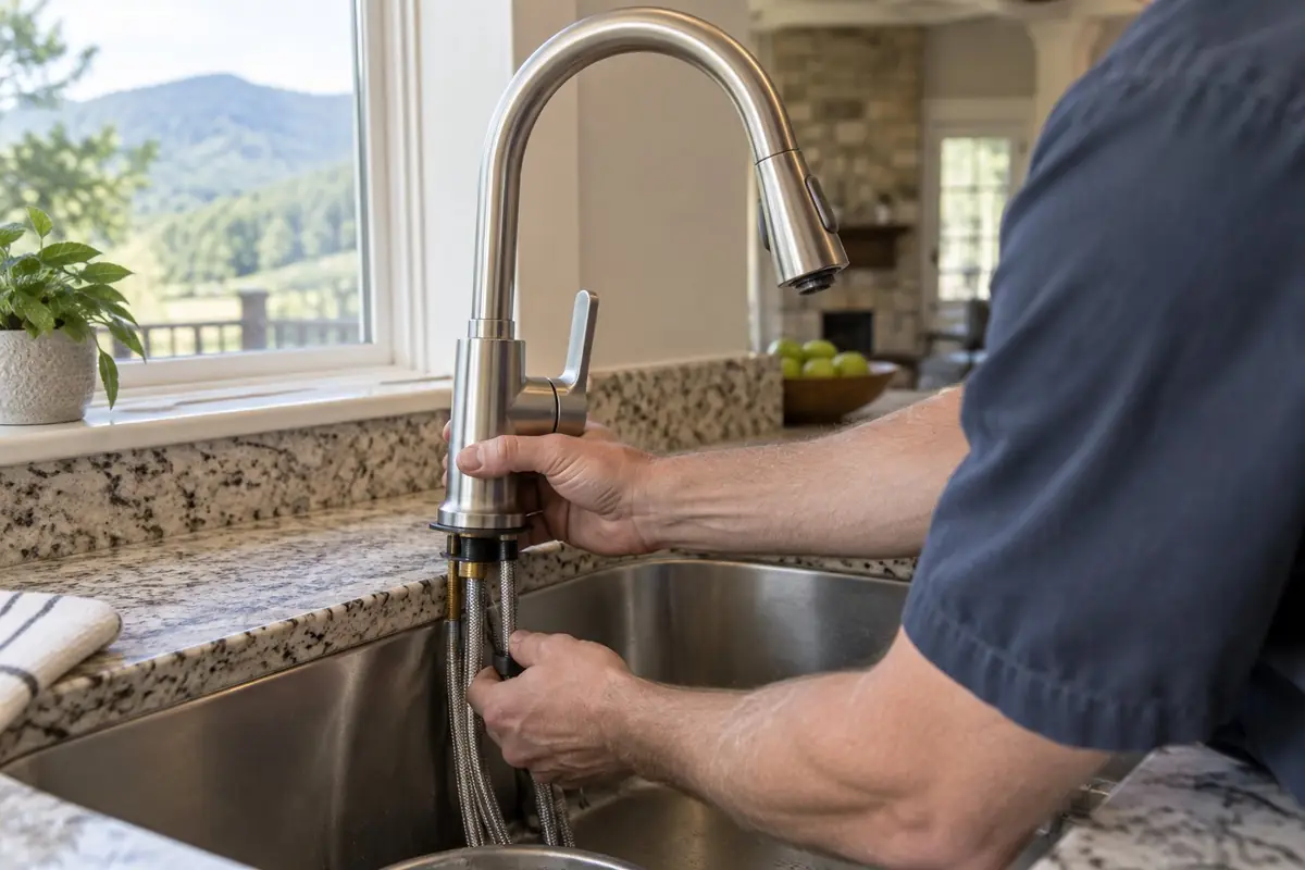 Plumber installing a brushed-nickel kitchen faucet in Asheville, NC