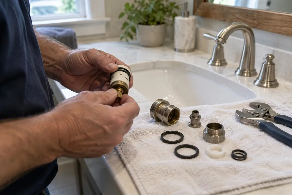 Faucet cartridge and O-rings laid out beside a bathroom sink in Asheville, NC