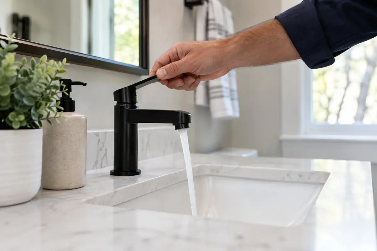 Hand lifting the lever of a new matte black bathroom faucet in Asheville, NC