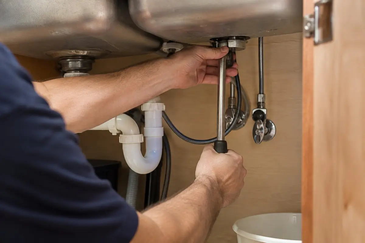 Plumber tightening the supply connections under a kitchen sink in Asheville, NC