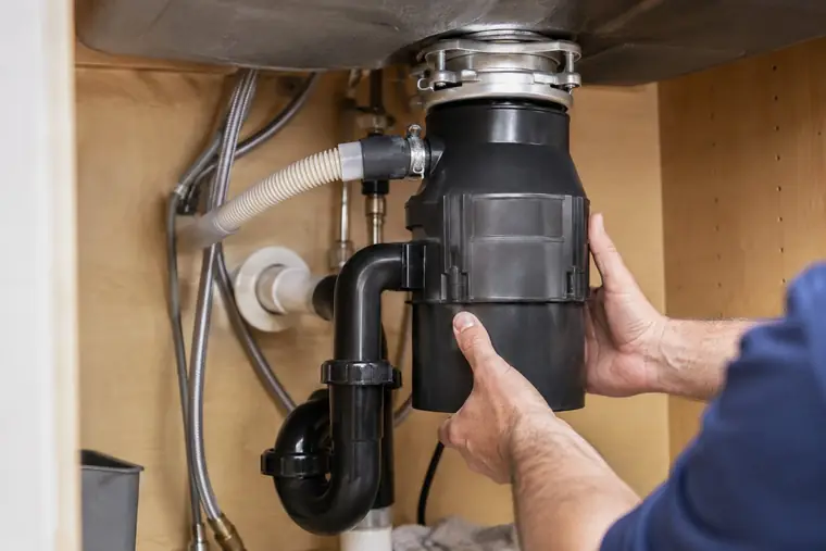 Plumber with a new garbage disposal under a kitchen sink