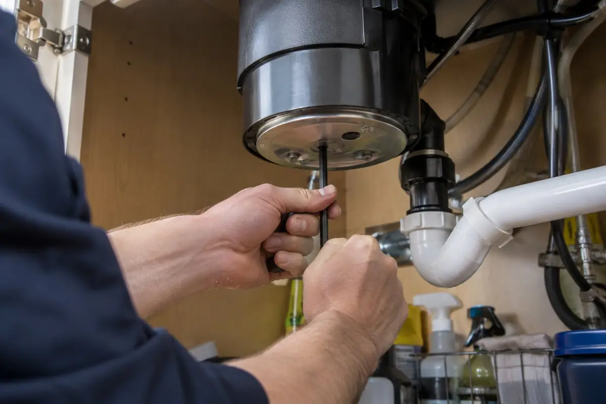 Plumber using a hex key to free a jammed garbage disposal in Asheville, NC