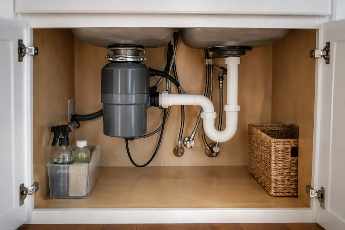 Tidy under-sink cabinet with a disposal and P-trap in Asheville, NC