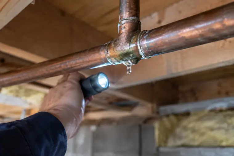 Flashlight on a dripping copper pipe joint in a crawl space