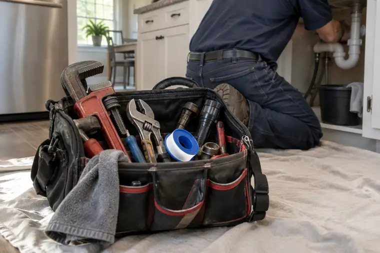 Plumber's tool bag with pipe wrenches and pliers on a drop cloth in a kitchen