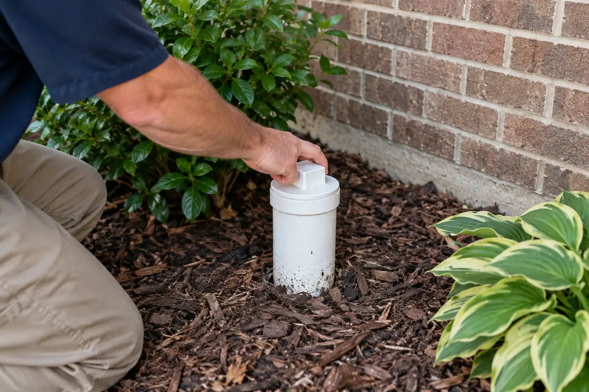 Sewer cleanout in a flower bed beside a brick foundation in Asheville, NC