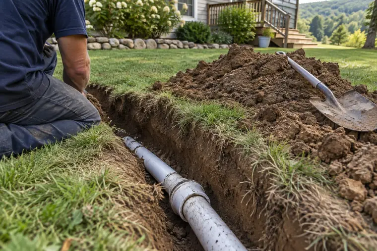 Trench in a backyard lawn exposing a PVC sewer pipe
