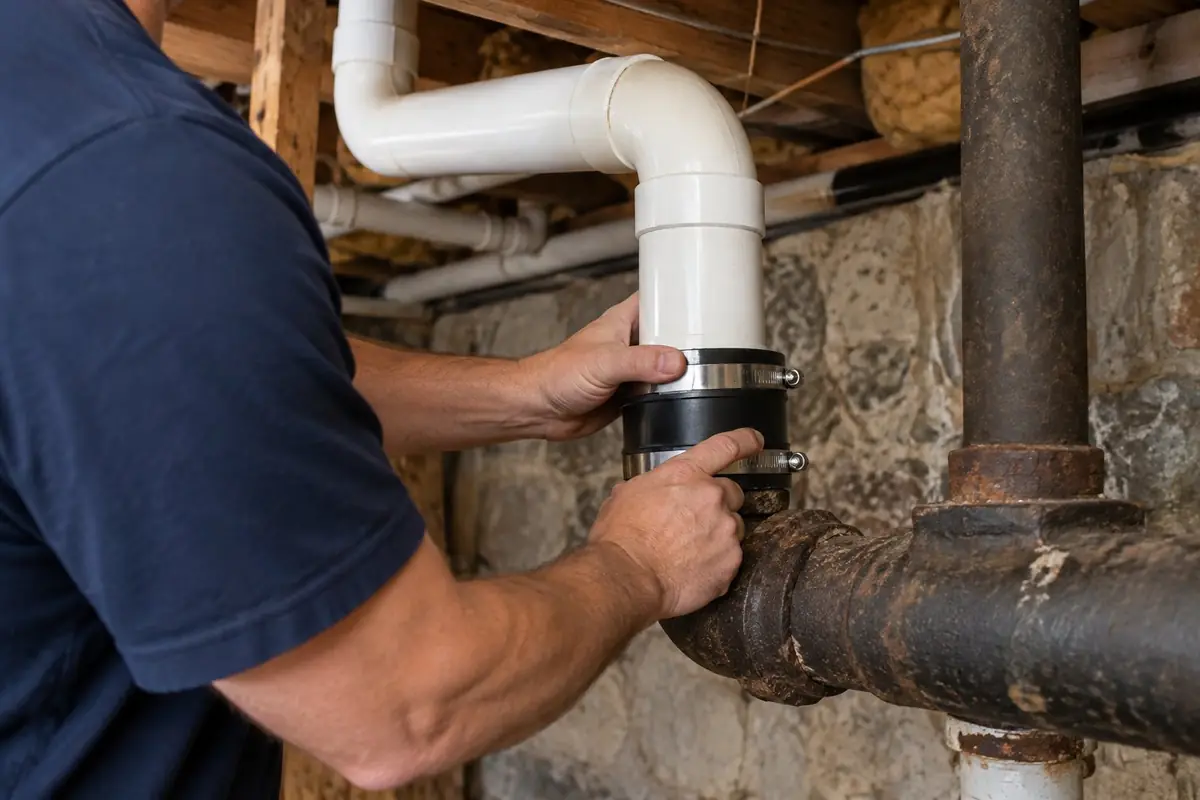Plumber fitting a new PVC section onto an old cast iron sewer line in Asheville, NC