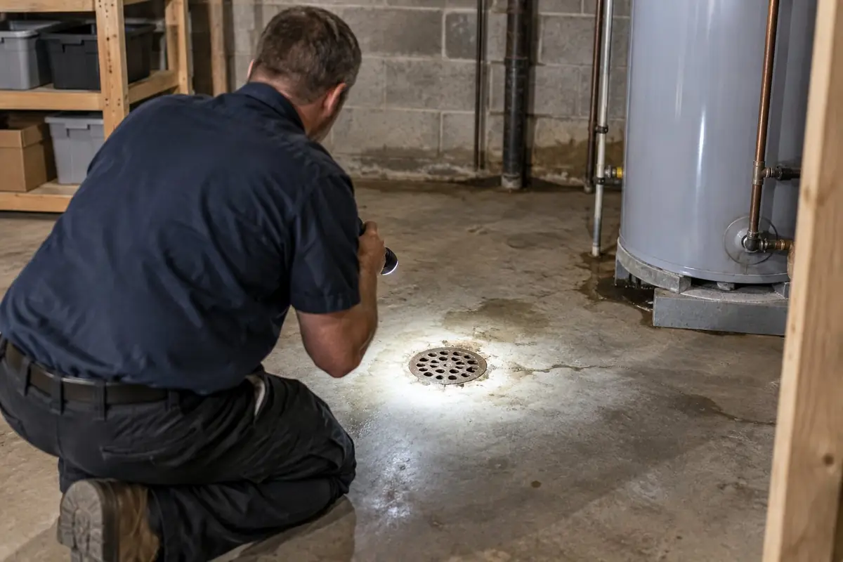 Plumber checking a basement floor drain with a flashlight in Asheville, NC