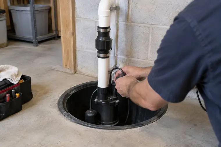Plumber with a new sump pump in a basement sump basin