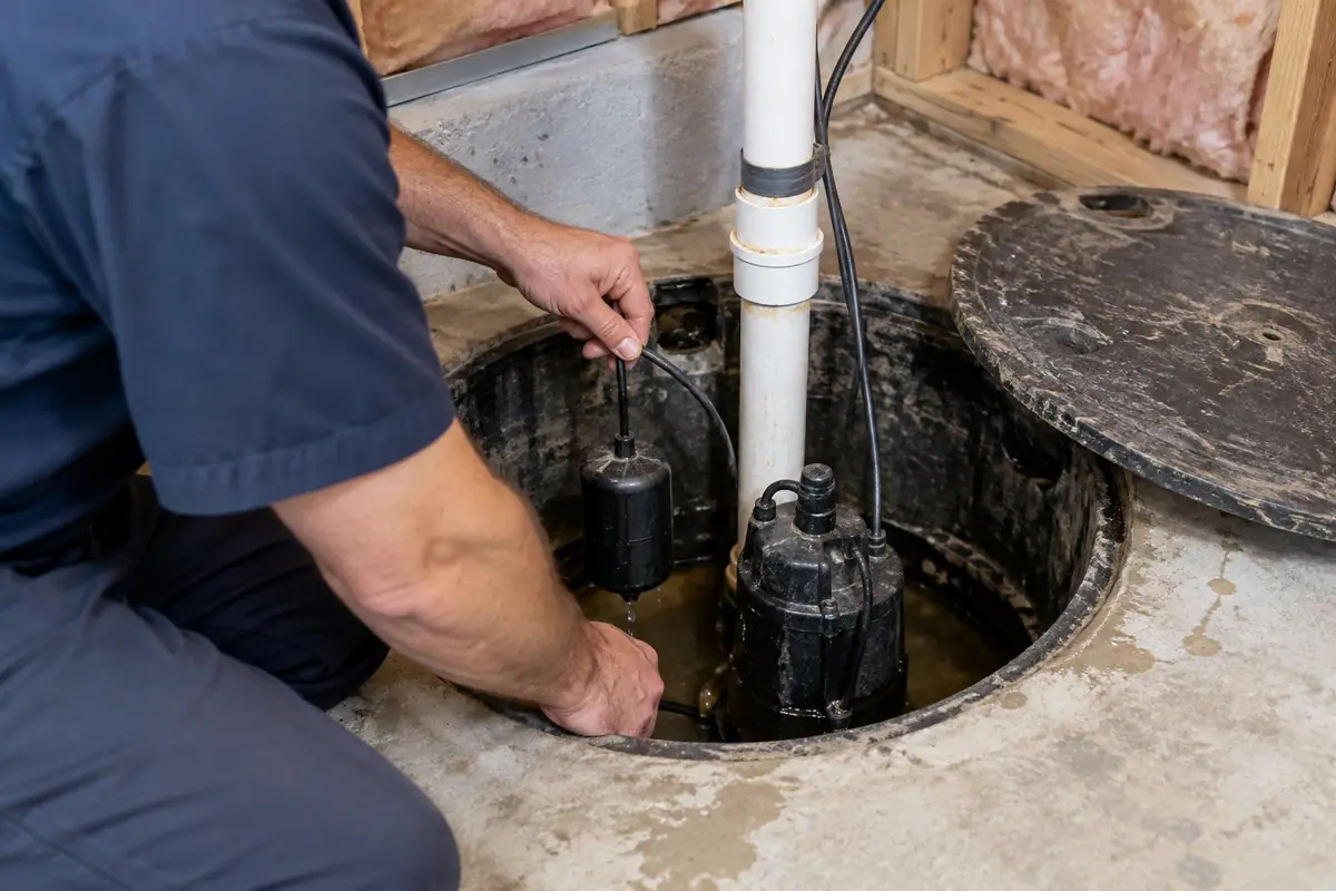 Plumber testing a sump pump float in Asheville, NC
