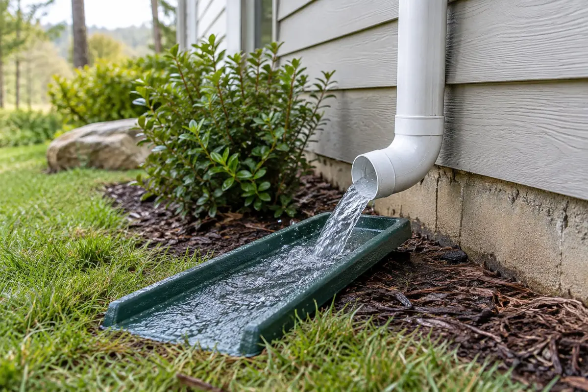 Sump pump discharge pipe draining onto a splash block outside a home in Asheville, NC