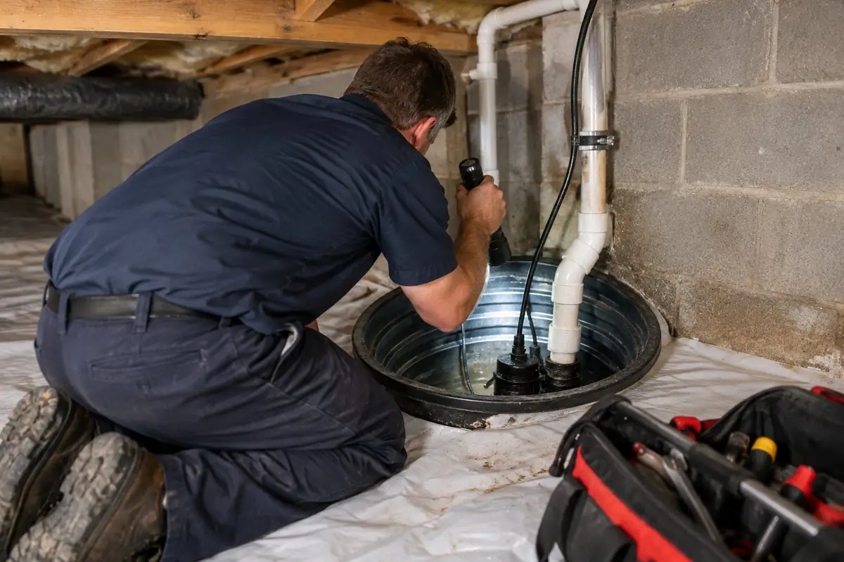 Plumber checking a crawl space sump pit with a flashlight in Asheville, NC