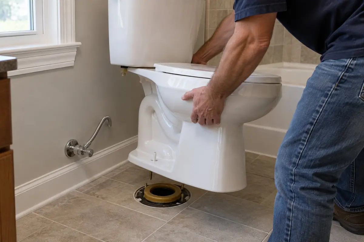 Plumber setting a new toilet onto the floor flange in Asheville, NC