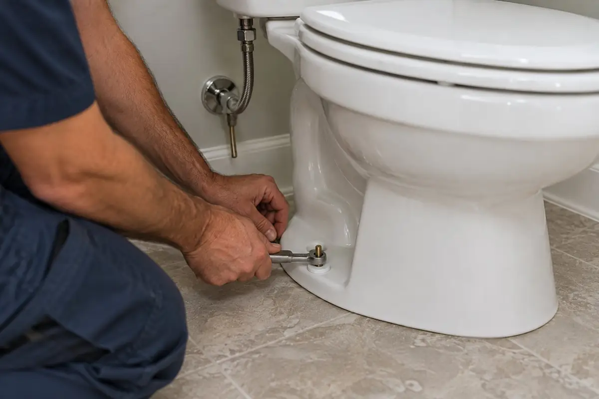 Plumber tightening the bolts at the base of a toilet in Asheville, NC