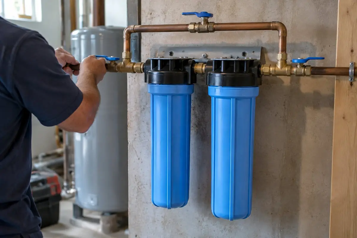 Plumber with a whole-house water filtration system on a basement wall in Asheville, NC