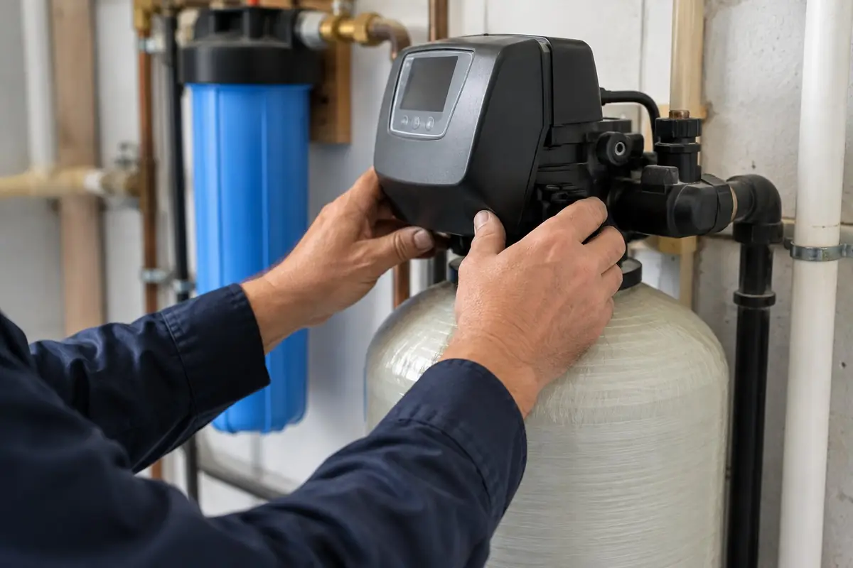 Plumber adjusting the control head on a water softener in Asheville, NC