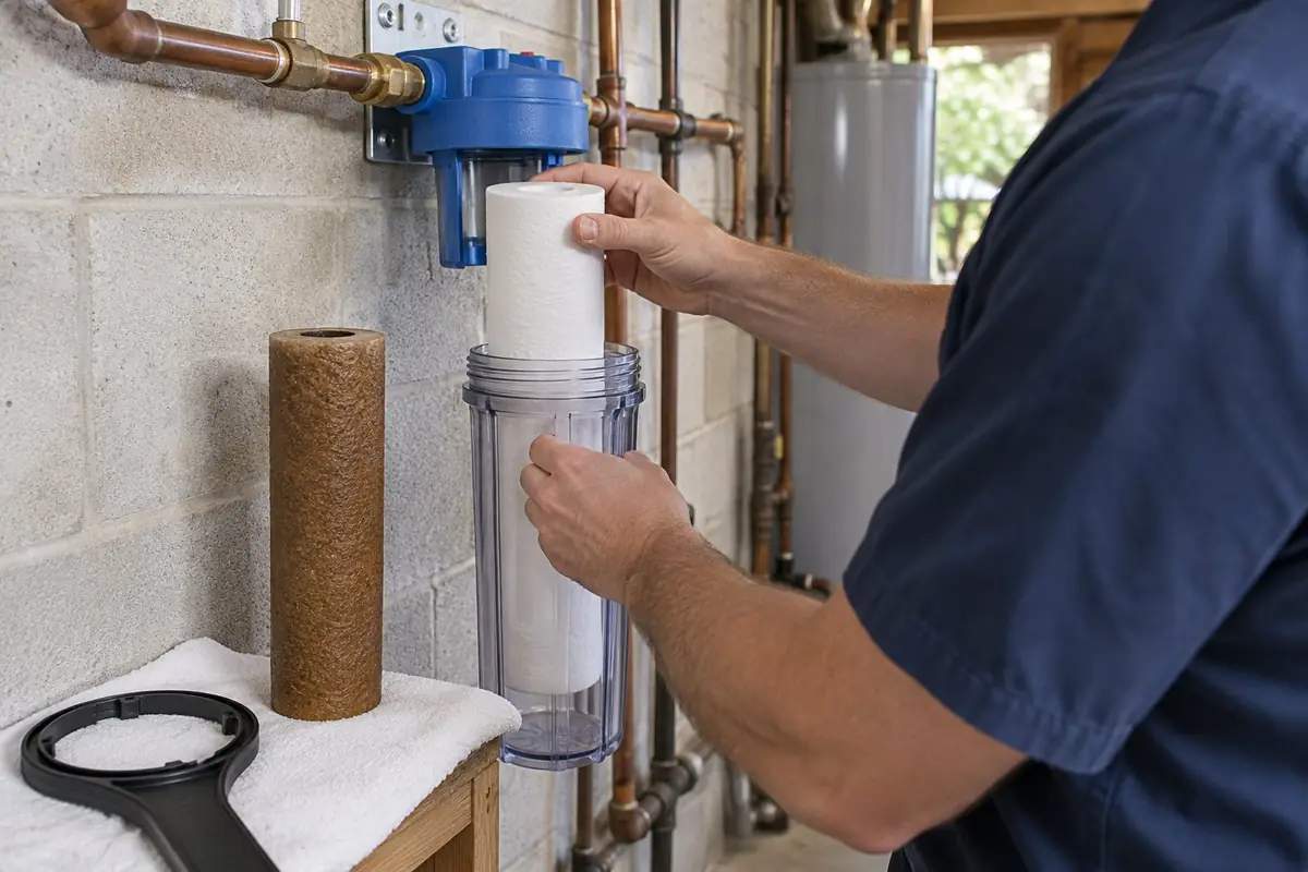 Plumber replacing a whole-house sediment filter cartridge in Asheville, NC