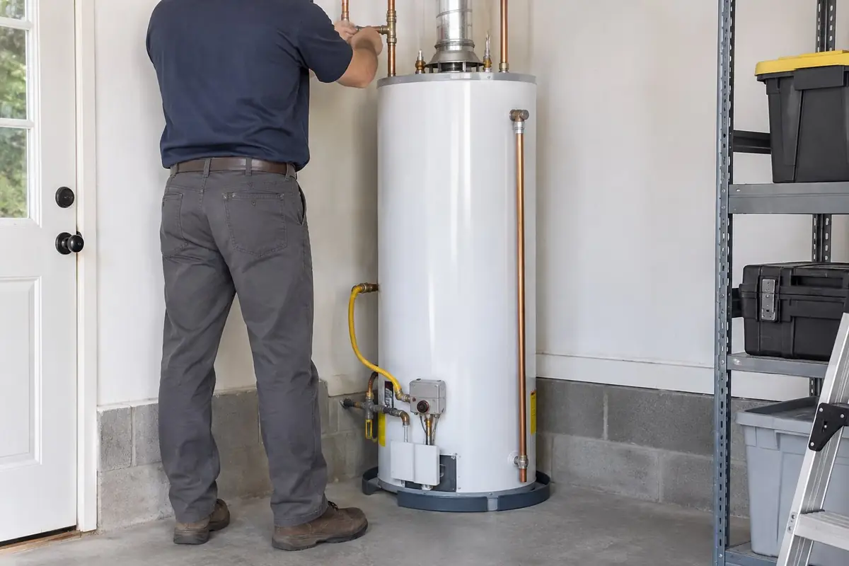 Plumber beside a newly installed tank water heater in a garage in Asheville, NC