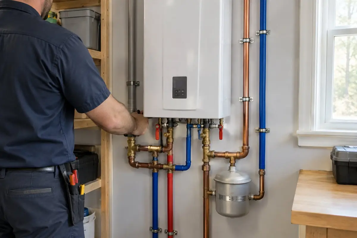 Wall-mounted tankless water heater with copper and PEX piping in Asheville, NC