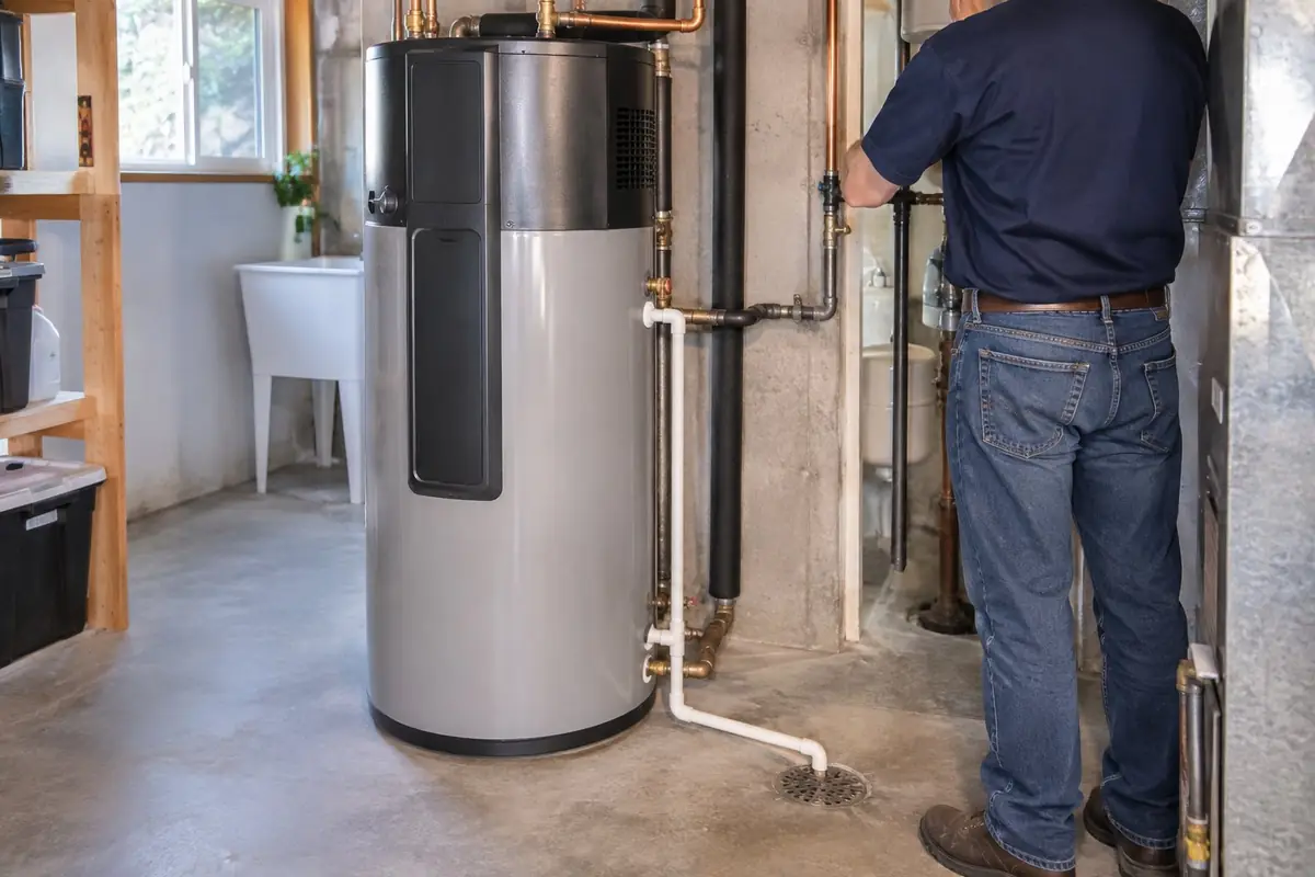 Heat pump hybrid water heater in a basement utility room in Asheville, NC