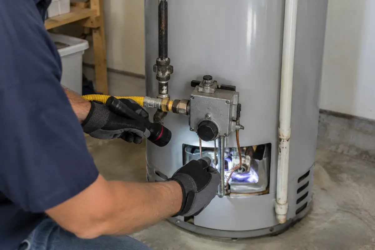 Plumber checking the gas control valve on a water heater with a flashlight in Asheville, NC