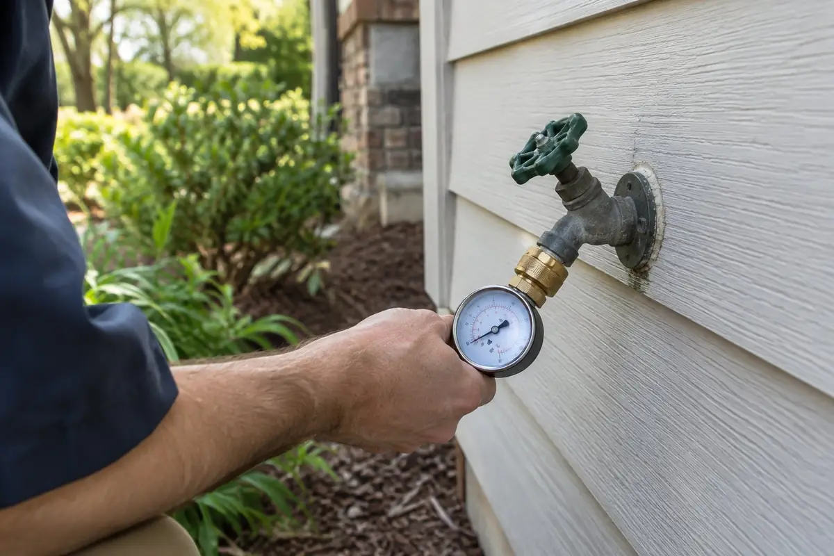 Water pressure test gauge on an outdoor hose bib in Asheville, NC