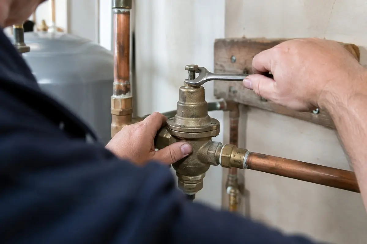 Plumber adjusting the bolt on a pressure reducing valve in Asheville, NC