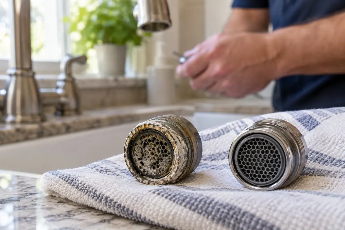 Clogged faucet aerator beside a new clean one in Asheville, NC