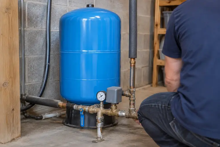 Plumber beside a blue well pressure tank in a basement