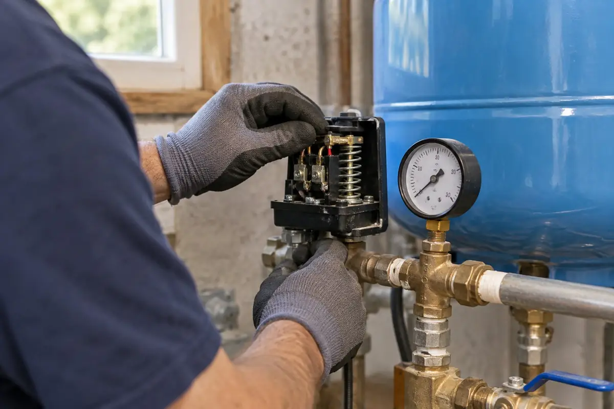 Gloved hand adjusting a well pressure switch beside a gauge in Asheville, NC