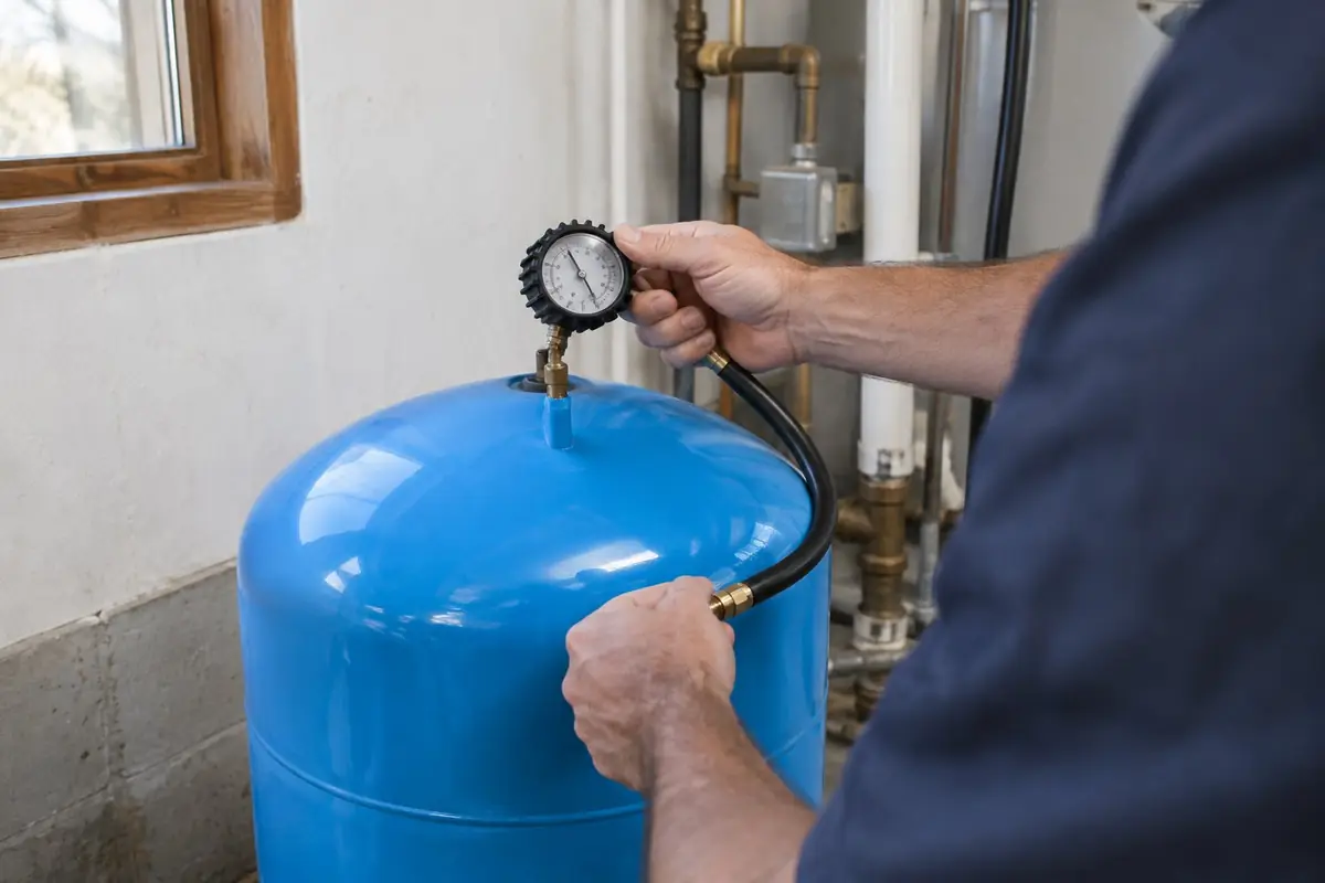 Plumber checking the air pressure on a well tank in Asheville, NC