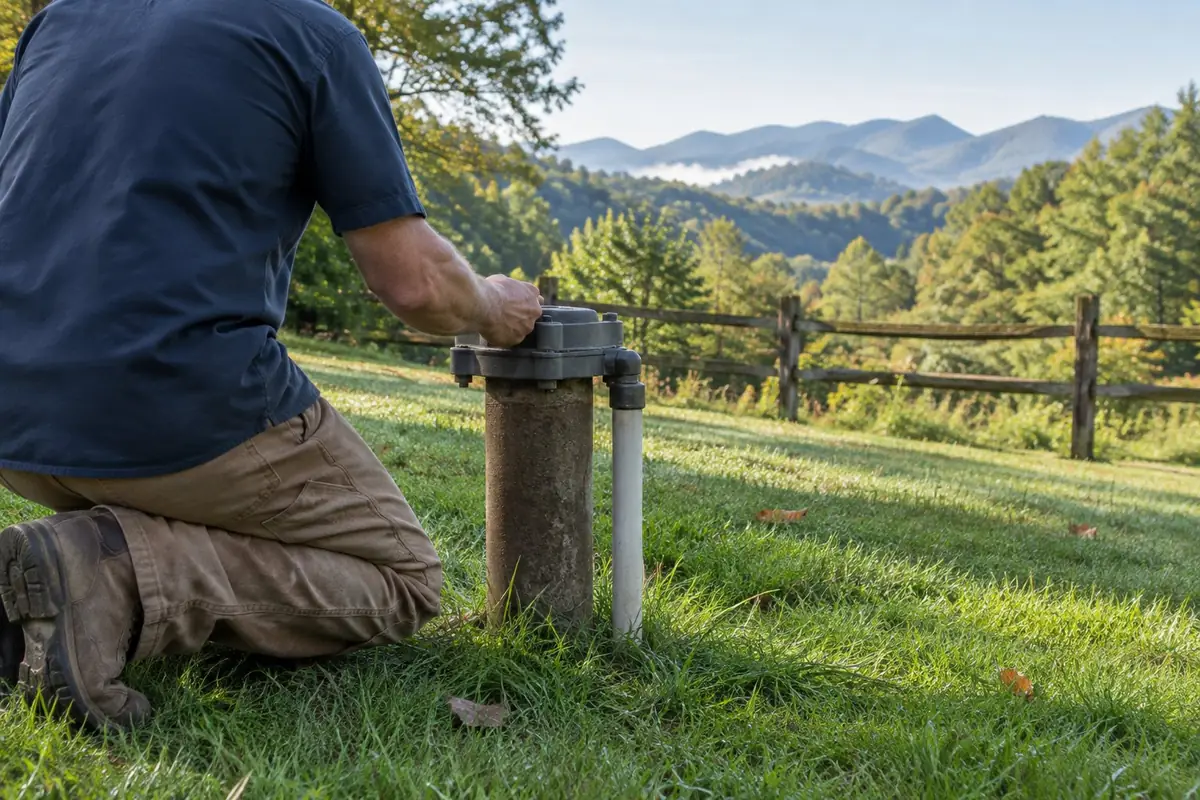 Plumber at a well cap in a grassy yard with wooded ridges behind in Asheville, NC