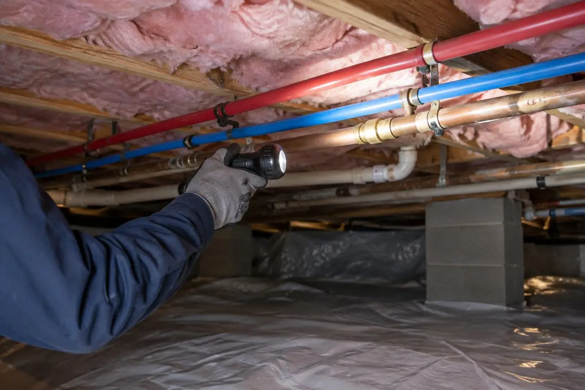 Flashlight on copper and PEX supply lines in a crawl space in Asheville, NC