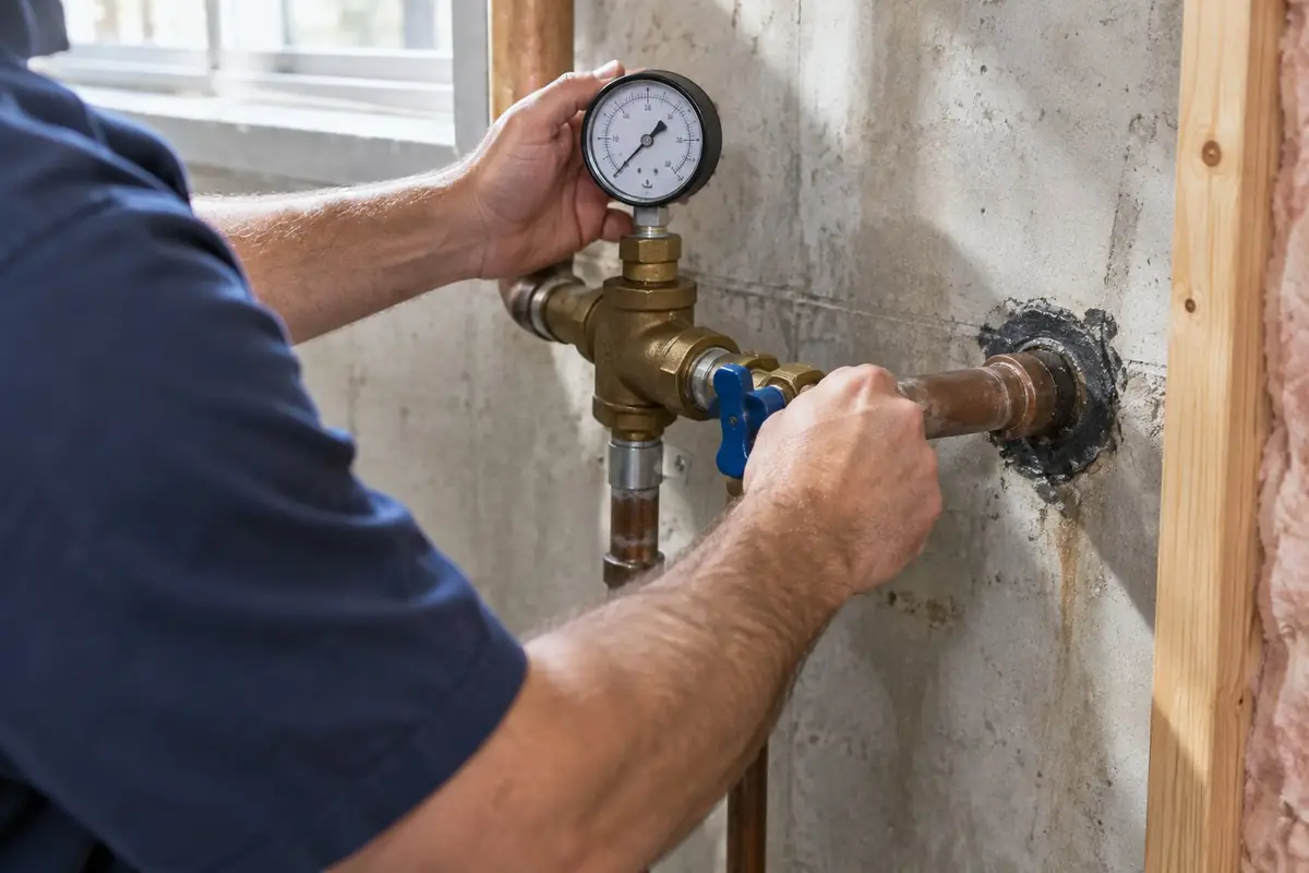 Plumber checking the main water shut-off valve and pressure gauge in a basement in Asheville, NC