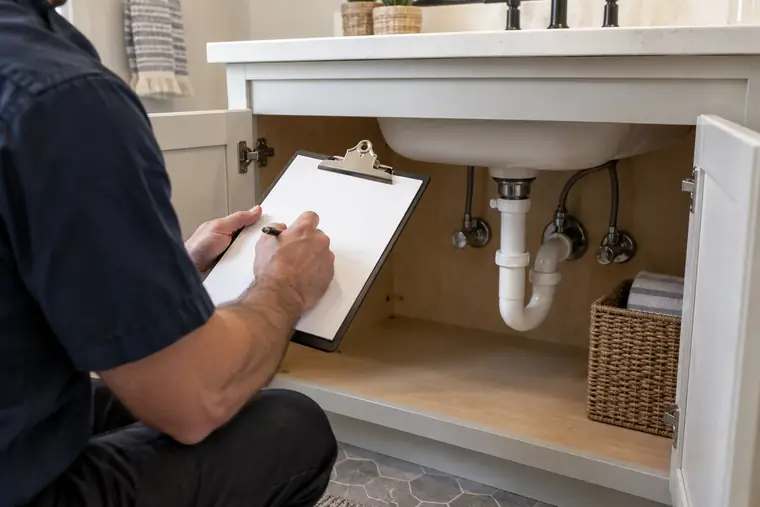 Plumber with a clipboard inspecting the supply lines and drain trap under a bathroom vanity