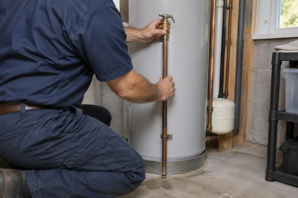 Plumber checking the relief valve on a tank water heater in Asheville, NC
