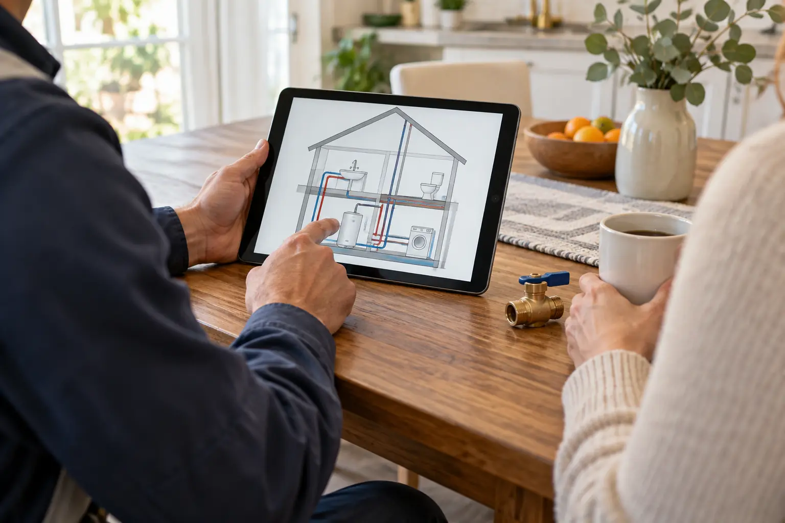Plumber showing a simple pipe diagram on a tablet at a kitchen table in Asheville, NC