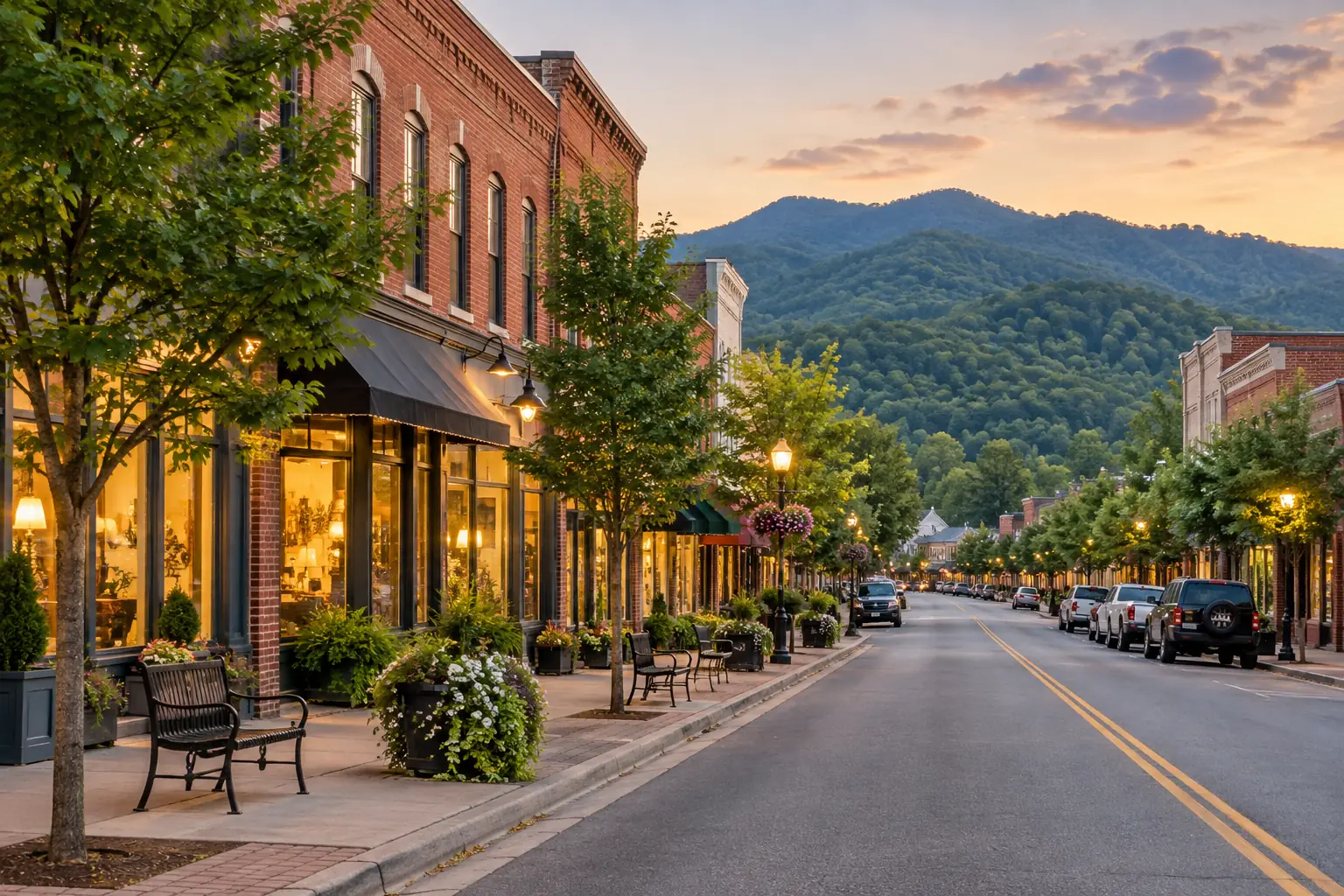 Small-town main street of brick storefronts with mountains behind in Weaverville, NC