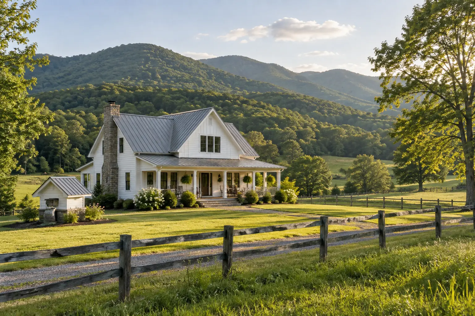 Farmhouse on green pasture with a small well house and wooded ridges in Leicester, NC