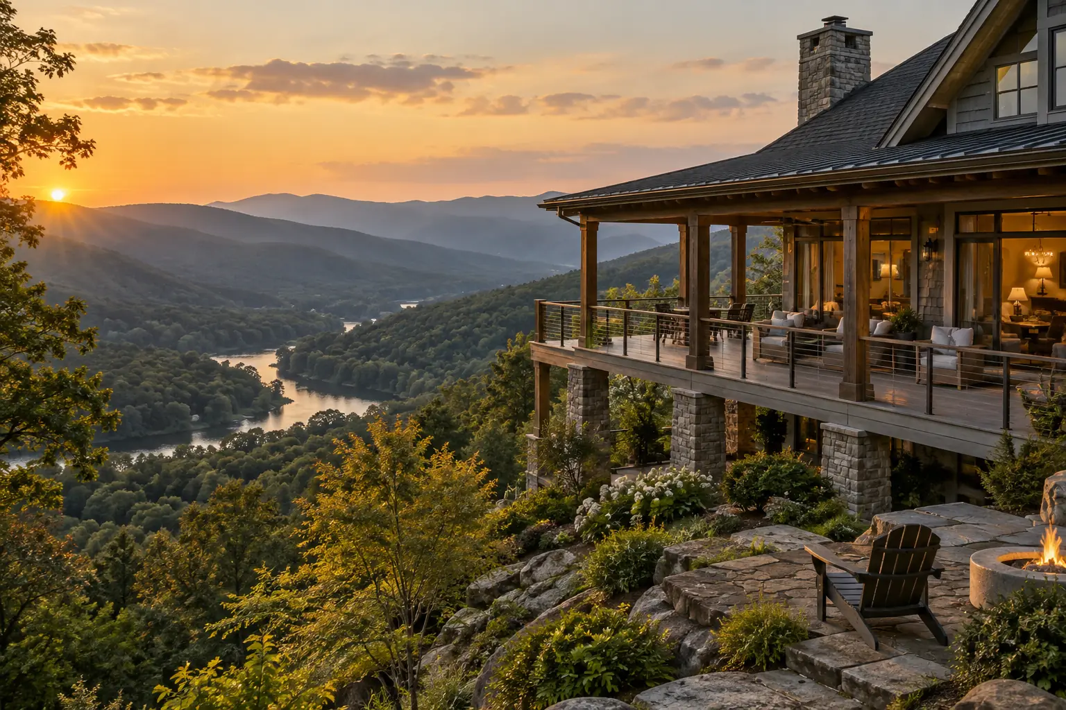 Mountain home with a porch above a wooded river valley in Asheville, NC