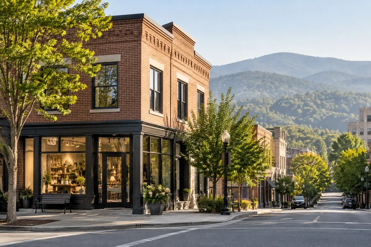Small brick storefront building on a downtown street