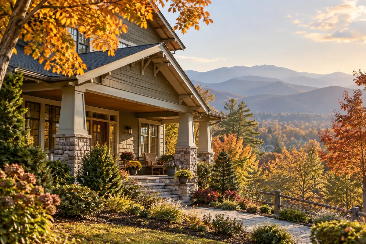 Craftsman-style home with a front porch and mountains behind