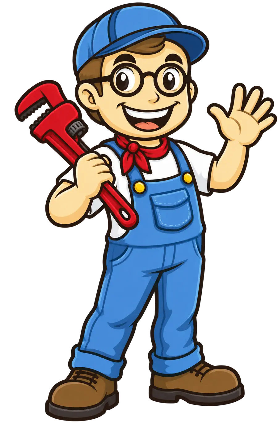 Geek Plumbing Services mascot waving with a pipe wrench