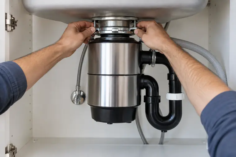 New stainless garbage disposal under a kitchen sink