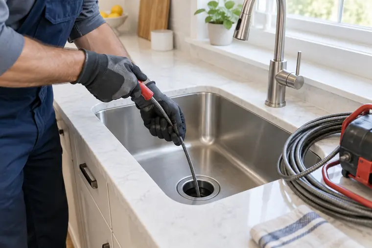 Plumber running a drain snake into a kitchen sink
